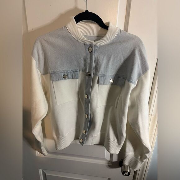 Sandro Tedy Color Blocked Top knit and denim jacket size medium NWT - Picture 2 of 6